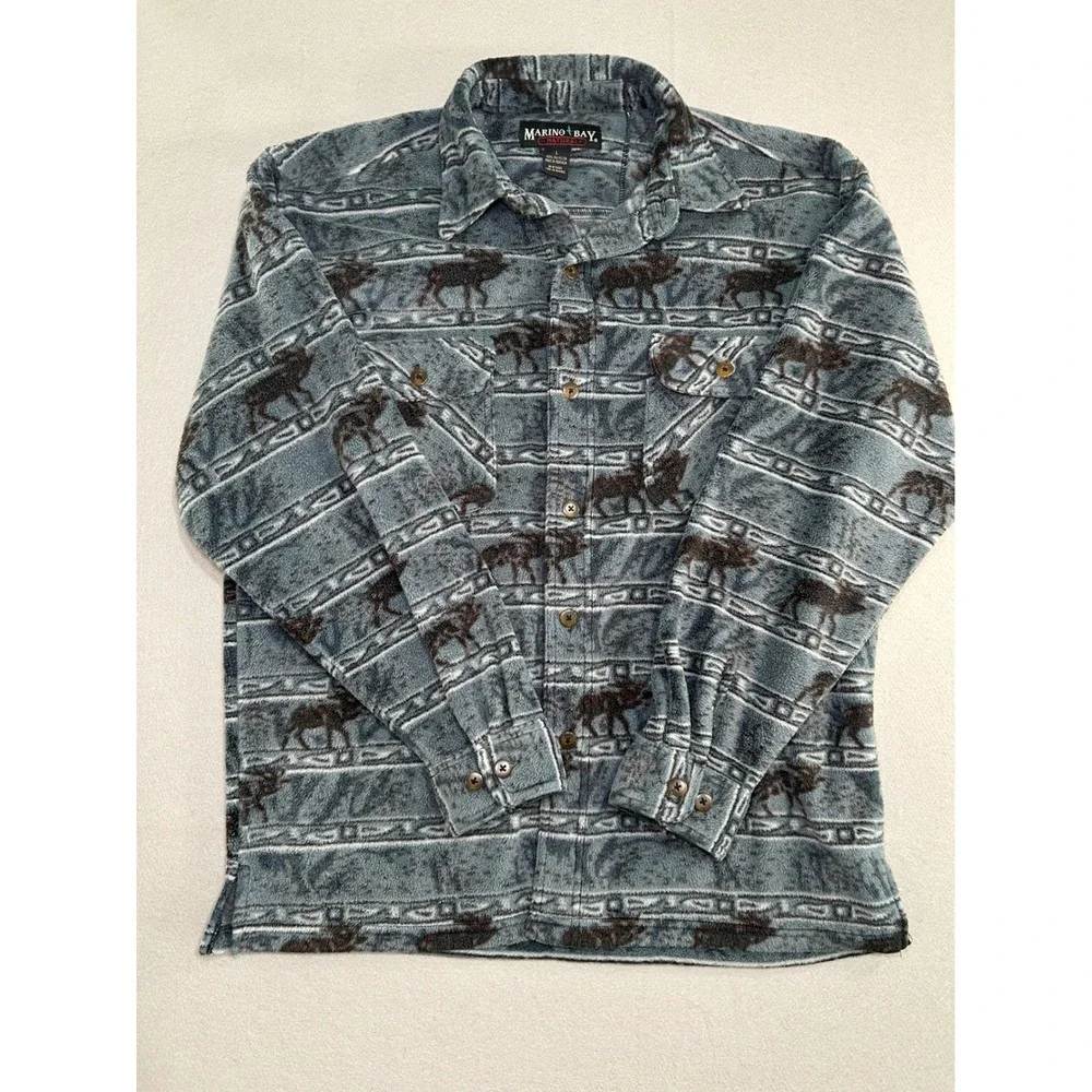 Vintage Marino Bay Fleece Jacket Womens L Blue Horse Print Long Sleeve Button